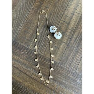 Vintage Crown TRIFARI Brushed Gold Leaf Necklace And White Enamel Clip Earrings